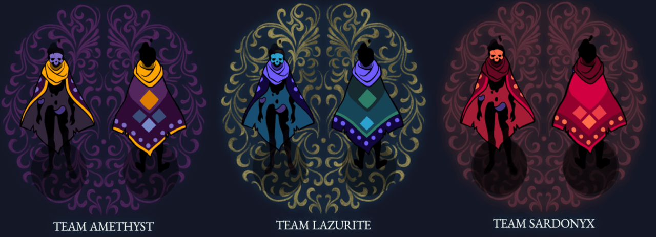 Peleryny dla trzech drużyn: Amethyst, Lazurite i Sardonyx.